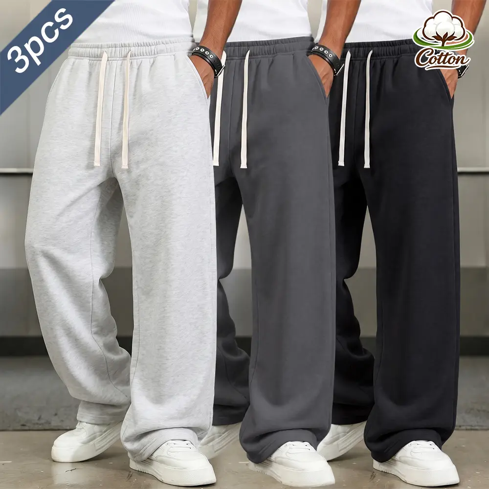 3‑Pack Men Multi‑Solid‑Color Baggy Sweatpants, Cotton‑Blend Wide‑Leg Straight Loungewear Pants, Elastic Drawstring Waist, Side Storage Pockets, Loose Design For Athletic Training Travel Streetwear And Daily Casual Wearing