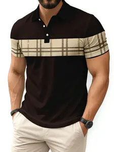 Classic Plaid Patchwork Casual Polo Shirt, Modern College Style Men's Striped Design, Fitted Graphic Print, Stylish & Comfortable
