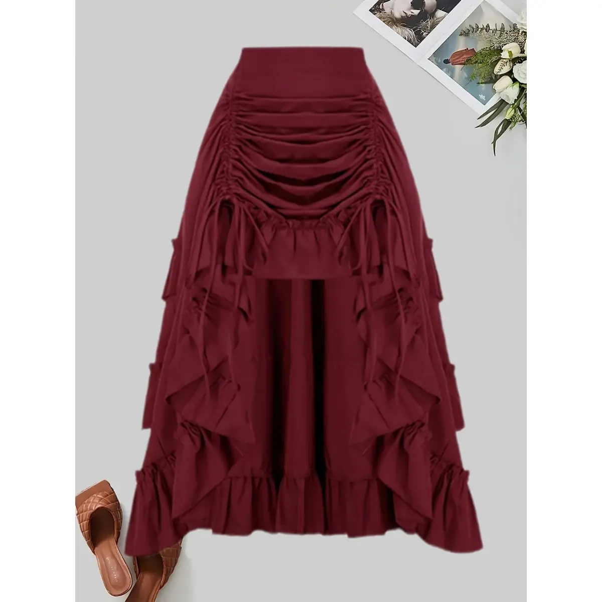 Women's Gothic Dark Flared Long Ruffle Maxi Skirt - 100% Polyester, Chic Solid, Elegant Loose-Fitting, Front-Pleated Elastic Waist, Machine Washable for Halloween, Steampunk, Long Skirts, Ruffle Skirts