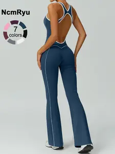 Women's color blocked backless jumpsuit comfortable and nude with a cinched waist sleeveless U-neck wide leg flared pants yoga clothes jumpsuit suitable for gym training outdoor running dancing tennis seasonal fashion contrasting Backless Sports Jumpsuit