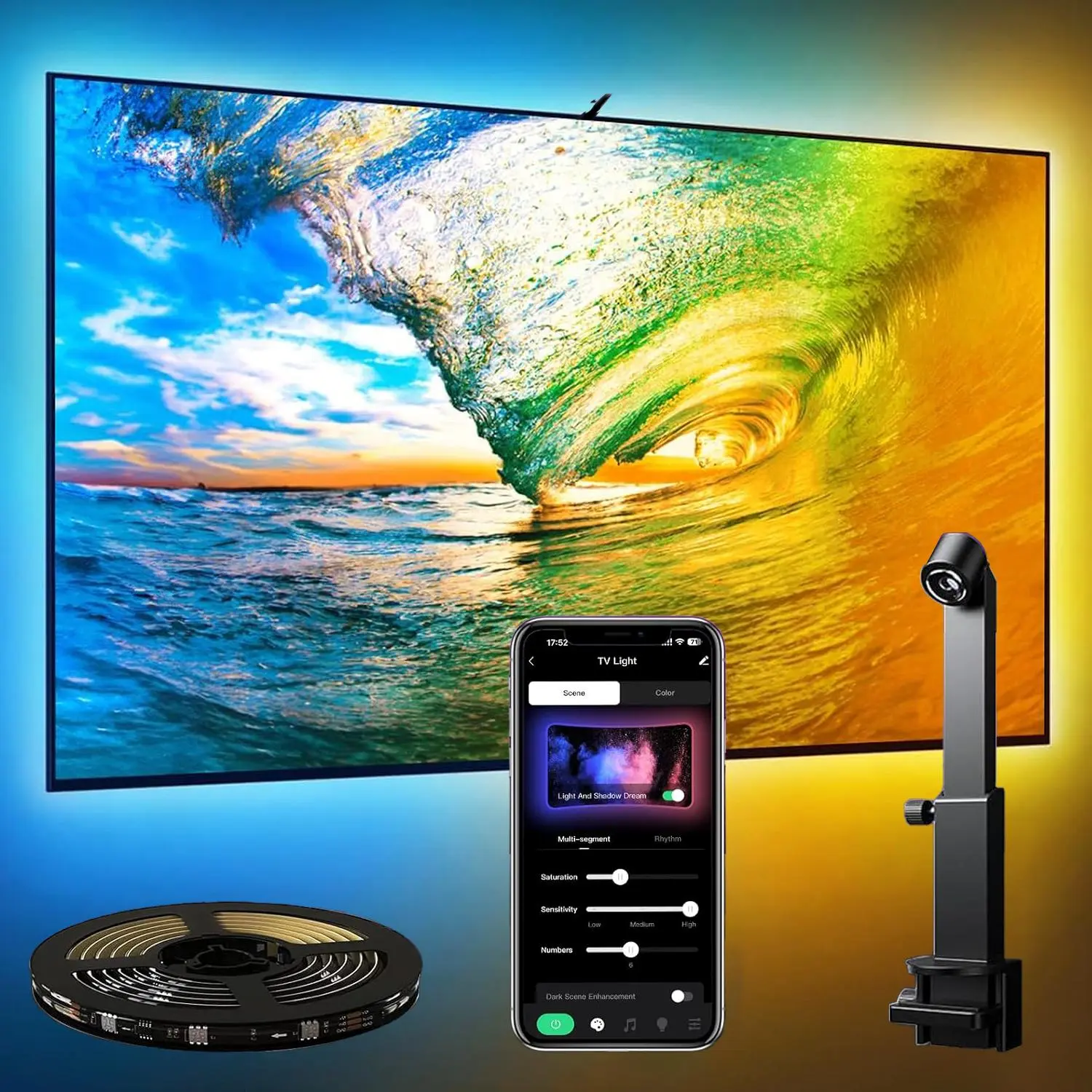 Smart TV LED Backlight with Camera, USB Powered APP Control Color Changing LED TV Light, TV Sync, LED TV Lights for 50 Inch Below Screens