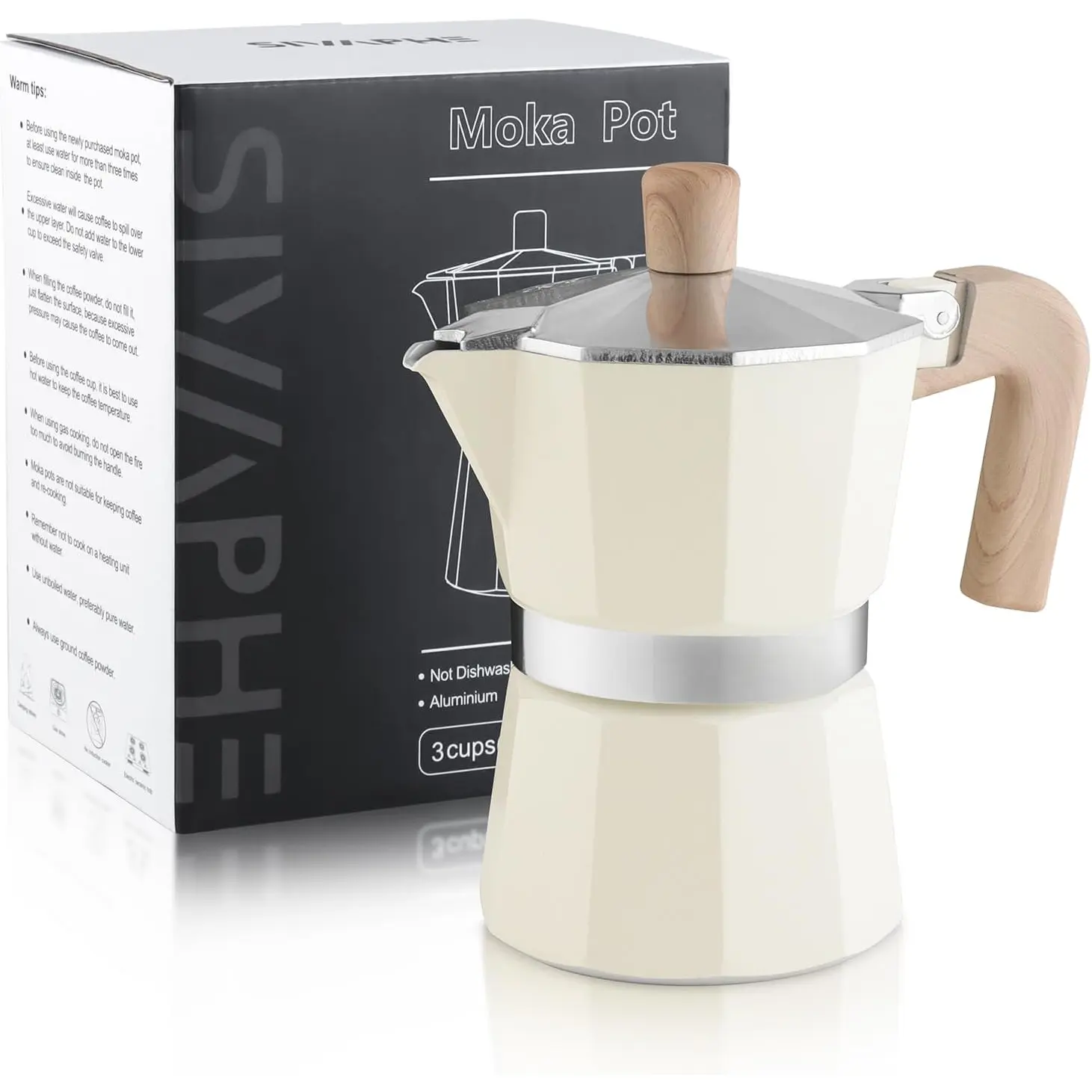 Aluminum Moka Pot 3 Espresso Cups, Percolator Espresso and Coffee Maker, Portable Stovetop Italian and Cuban Cafe Brewer for Home and Camping White