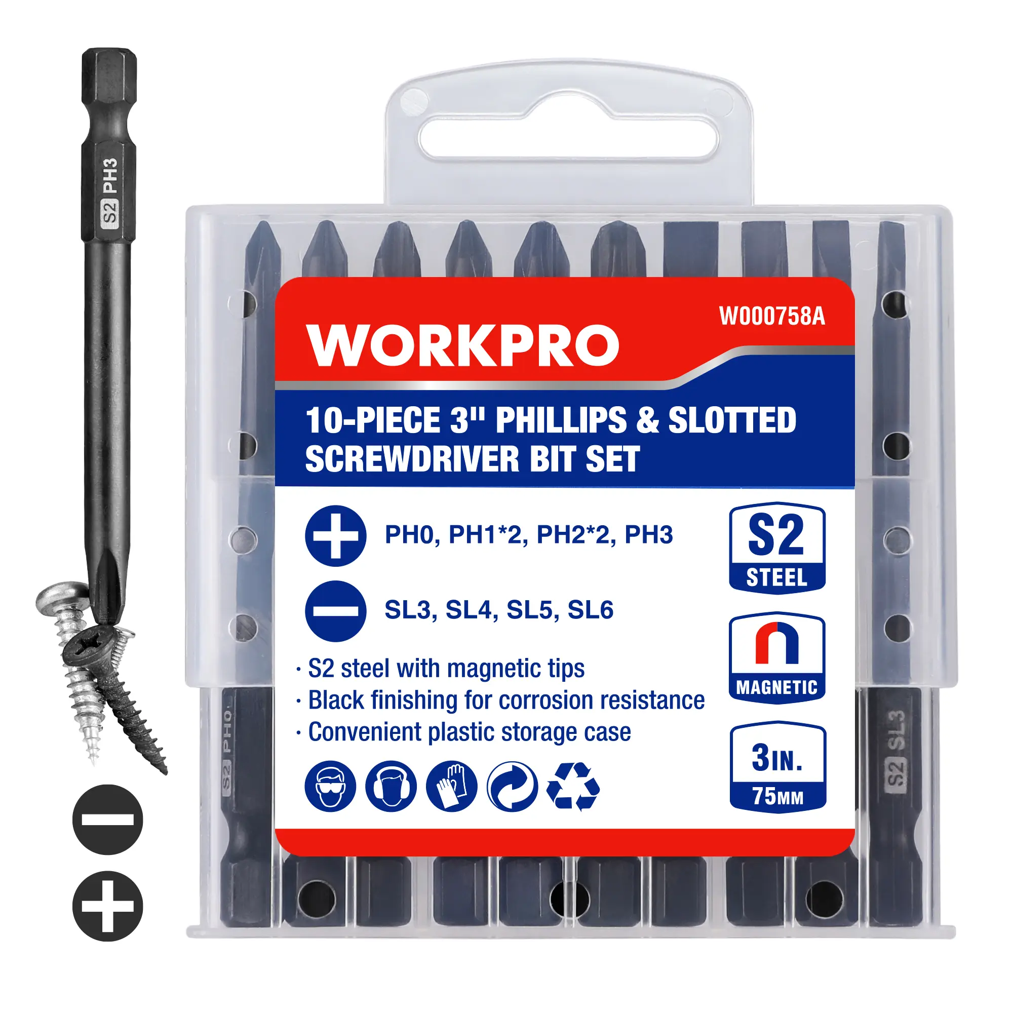 #backtoschool WORKPRO 10packs Screwdriver Bit Set, S2 Steel Magnetic Screwdriver Bits Set, CNC Machined Tips, 1/4 Inch Hex Shank Driver Bits, 3 Inch Long Screwdriver Bits Set with Storage Box