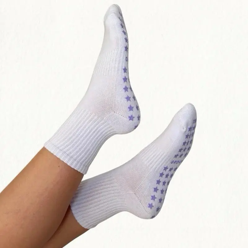 Grounded Pilates Barre Socks – White Crew Grip Socks with Lavender Star Grips – One Size Fits All – Non-Slip, Stretchy, Breathable Cotton Blend for Pilates, Barre & Yoga