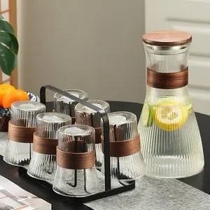 Elegant Glass Pitcher for Home, Vertical Ribbed Transparent Glass Teapot and Tumblers Set with Strainer, Perfect for Tea Lovers, Stylish Kitchenware