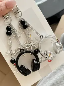 1pc/2pcs Creative 3D Beaded Earphone Keychain, Aesthetic Keychain, Bag Charm, Headset Phone Strap Pendant, Music Headphone Keyring, Phone Chain Unisex Backpack Pendant Hanging Decoration Accessory, Ideal Gift for Friends/Family Black Silver