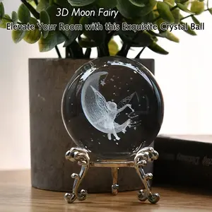 2.4 Inch Magic 3D Laser Engraved Crystal Ball with Metal Stand, Handmade Glass Decor, Magical Desktop Display, Ideal Gift