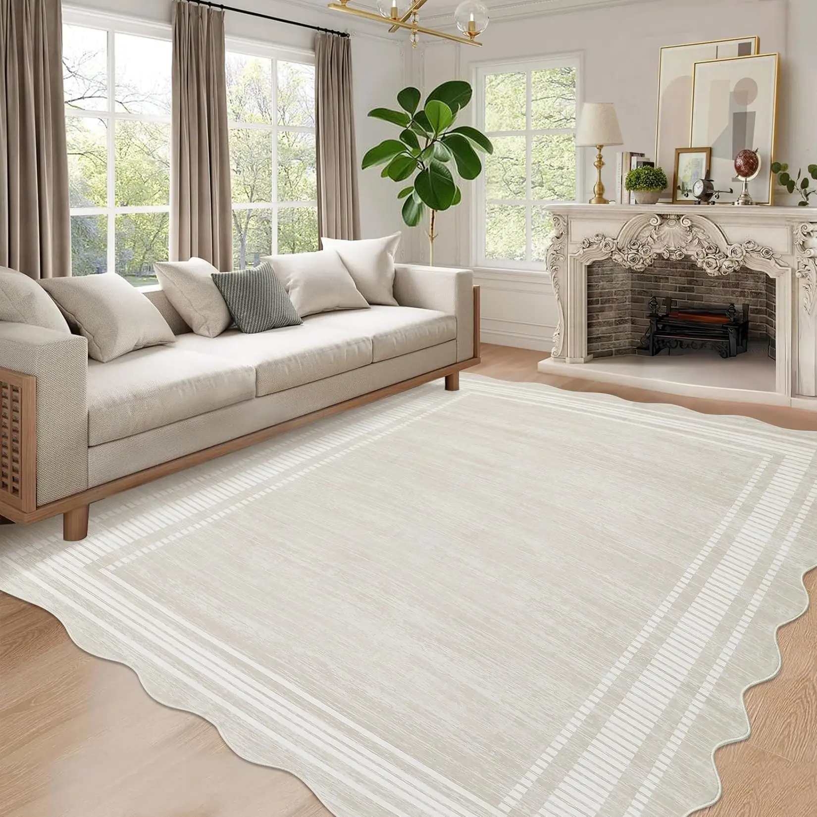 GARVEE Scalloped 8x10 Rugs Washable Area Rugs for Living Room, Modern Bordered Solid Rug for Bedroom, Abstract Scalloped Non-Slip Stain Resistant Carpet for Dining Room Home Office Dorm,Cream