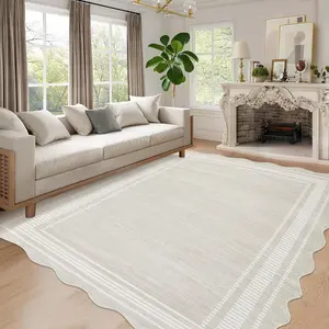 GARVEE Scalloped 9x12 Area Rugs for Living Room Modern Neutral Washable Rugs for Bedroom Large Solid Farmhouse Carpet Abstract Bordered Carpet for Bedroom Apartment Table Dorm Nursery, Cream 9x12