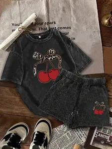 Two-Piece Set Women's Cherry & Letter Print Short Sleeve Tee & Shorts, Casual Round Neck T-shirt & Skinny Shorts, Summer Clothes for Daily Wear, Suits, Casual Fashion Set