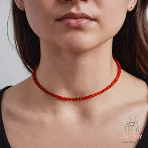 Tiny Gemstone Beaded Choker Necklace, Dainty Smooth Red Onyx Gemstone Beaded Necklace, Waterproof Crystal Beaded Choker, Dainty Minimalist Style for Women Handmade Adjustable, gift for her