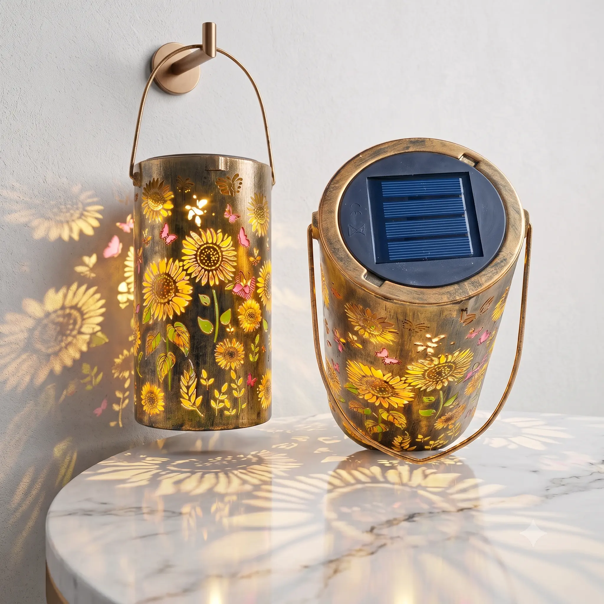 2-piece set of outdoor solar courtyard decoration lights, retro metal hanging projection lights, IP65 waterproof sunflower color light and shadow effects, garden villa courtyard atmosphere beautification, home creative gifts for holidays and birthdays