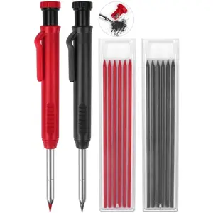 2-Pack Retractable 2.8mm Carpenter Mechanical Pencils, Round Wood Body, 12 Refills, Built-in Sharpener, Long Nib, Heavy-Duty Woodworking Tool for Architects