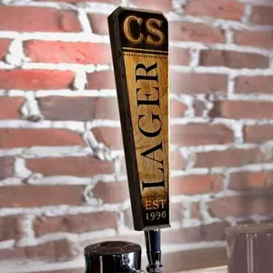 Rustic Burnt Oak Wooden Beer Tap Handles - Flared Shape, Flare-Cut Design, Chrome Ferrule, Initial LAGER Accent, Kitchenware Drinkware Accessory with Drinkware Accessories Functionality