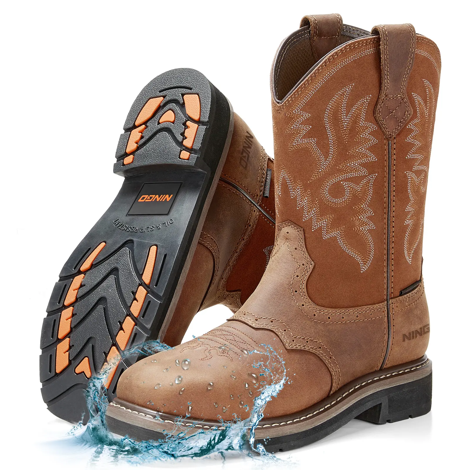 NINGO Men's Western Cowboy Work Boots, Full Grain Leather with Square Toe, Waterproof Steel Toe Construction Footwear, Slip & Oil-Resistant, Western Aesthetic, Cowboy Aesthetic