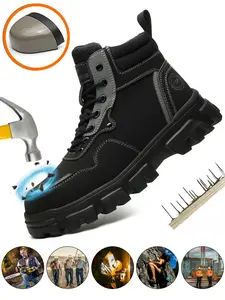 Men's  Anti-smashing Anti-puncture Black Worker Boots, Durable Steel Toe Tactical Boots, Comfortable Breathable High Top Safety Boots, Wear-resistant Outdoor Work Protective Shoes, Steel Toe Shoes, Footwear, Closed Shoes for Men, Steel Toe Trainers
