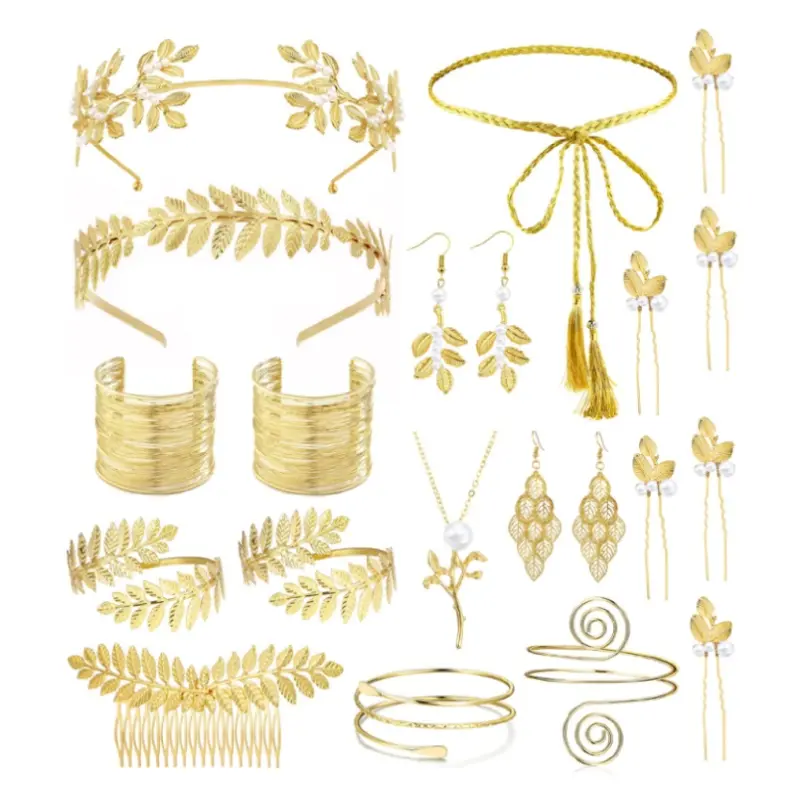 Female Gold-Plated 21-Piece Greek Goddess Costume Accessory Set - Laurel Leaf Crown, Armband, Drop Earrings, Polyester Hair Comb for Daughter, Party, Halloween
