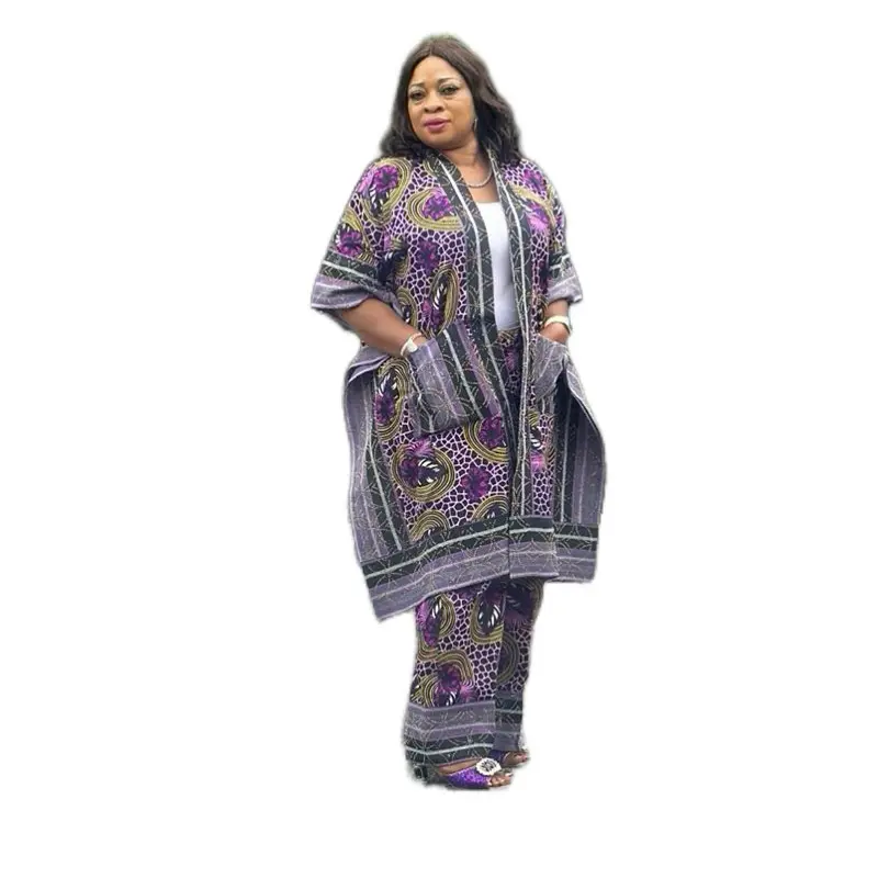 Elegant Embellished Women Kimono/Duster Top and Pants Set African Print and Aso Oke Two Piece Outfit with Colorful Patterns and Rhinestones and front Pockets