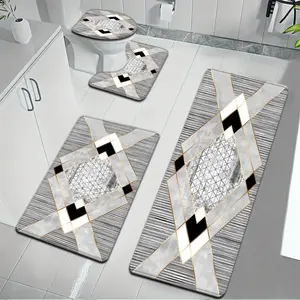 3pcs/4pcs Minimalist Black And White Gray Color-Blocked Irregular Diamond Pattern Bathroom Mat Set, Strong Water Absorption, Including U-Shaped Toilet Mat, Suitable for Kitchen, Bathroom Decoration, Bathroom Door Mat, Bathroom Carpet Mat