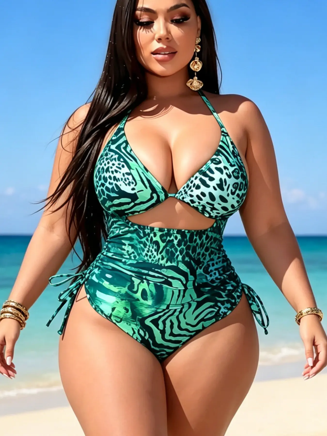 New European Style Plus Size Sexy Hollow Out Back Tie One-Piece Swimsuit, Holiday Fashion, Summer Leisure, Beach Vacation, Cutout Front Swimsuit, Beachwear Swimsuits