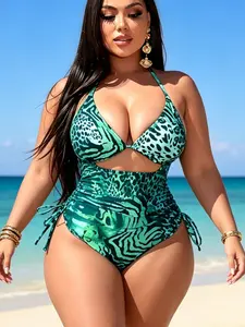 New European Style Plus Size Sexy Hollow Out Back Tie One-Piece Swimsuit, Holiday Fashion, Summer Leisure, Beach Vacation