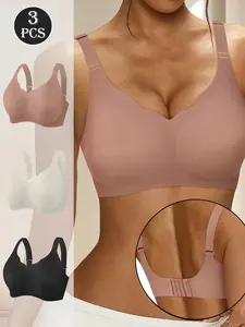 QUASTI 3 Pieces Wireless Full Coverage Breathable Bras for Women, Solid Color Adjustable Strips Push Up Bras, No Underwire Unlined Cami Bra Seamless T-shirt, Fashionable and Elegant Design Suitable for Daily Wear, S-XXL