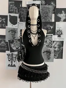 Trendy Gothic Women's Retro Sexy Fashion Festival Punk Backless Hooded Neckline Fitted Top, Stylish Music Festival, Unique Punk Style Clothing