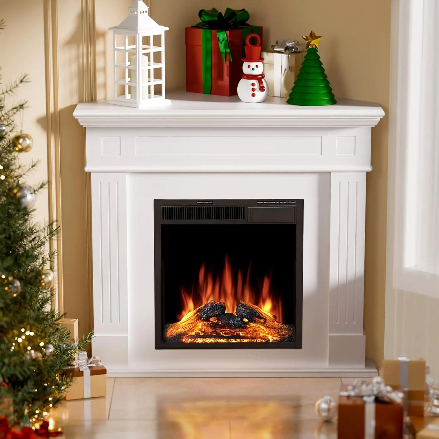 R.W.FLAME New Corner Electric Fireplace with Mantel - 750W-1500W TV Stand Heater with LED Light, Silent Operation, Remote Control for Homeowners' Living Room, Bedroom (Yes/No Function Included)