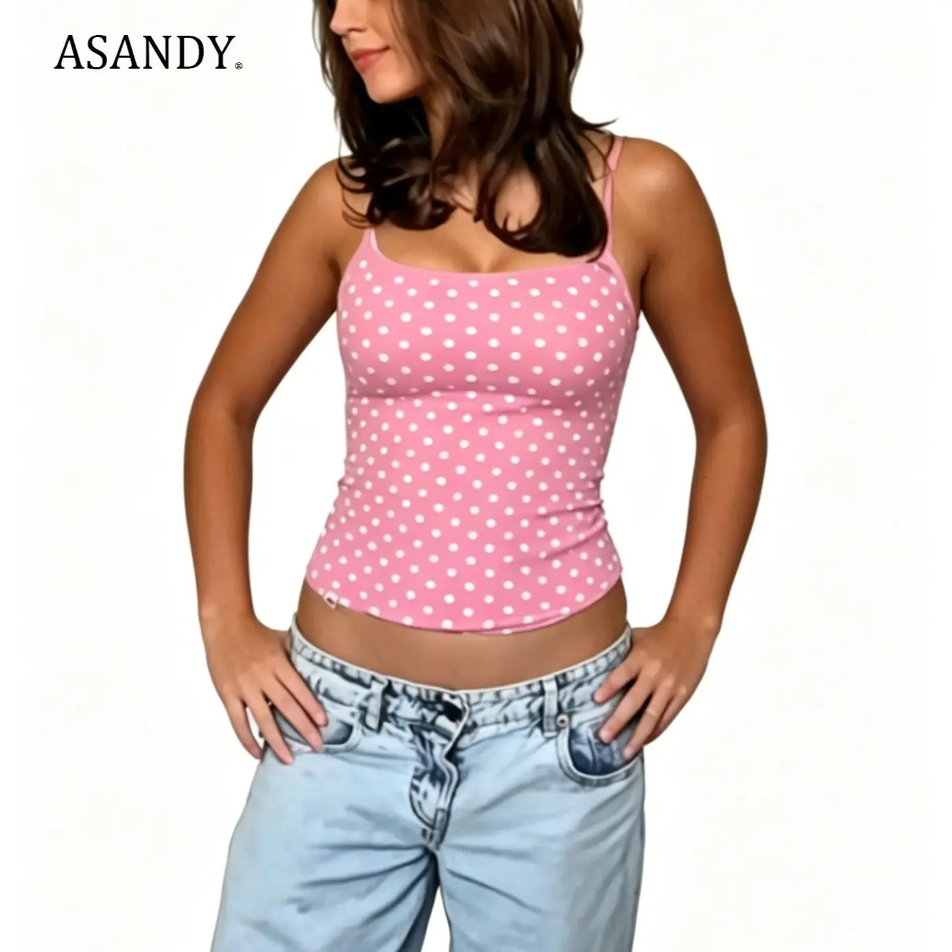 ASANDY Y2K Pink Black Polka Dot Spaghetti Strap Cami Top Women Slim Fit Sleeveless Tank Top Summer Figure Hugging Crop Camisole Outerwear