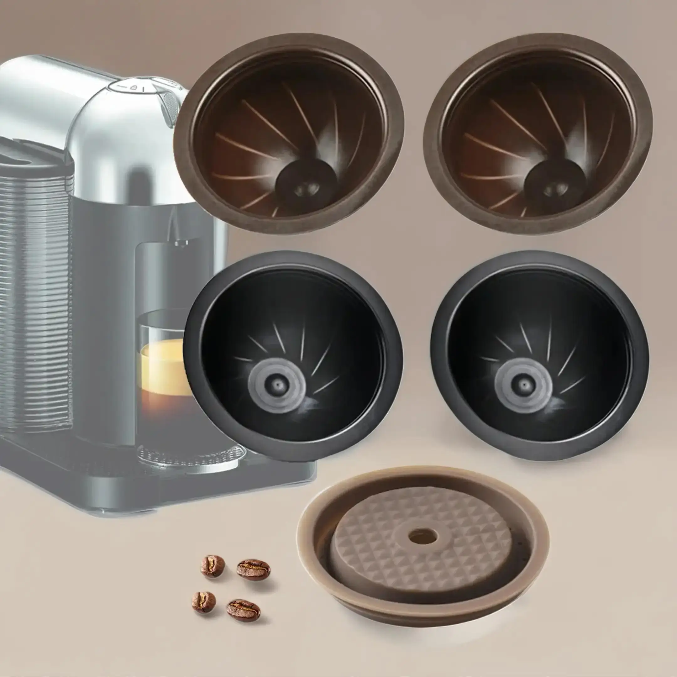 Refillable Coffee Blend Capsule Set, Including 2 Counts 150ml Brown Coffee Capsules, 2 Counts 230ml Pods & 1 Count Silicone Lid, 5 Counts/set Reusable