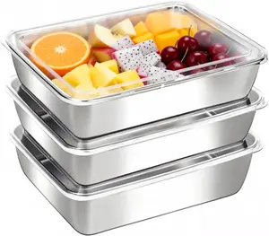 3-Piece Stainless Steel Food Storage Containers Set with Lids Nestable Stackable for Freezer Refrigerator Picnic BBQ Gym Lunch Dishwasher Safe