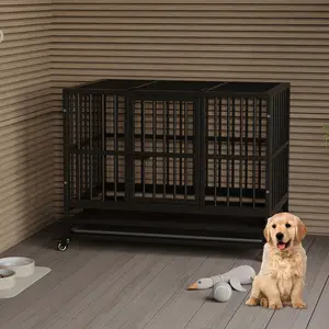 Garvee 37" Heavy Duty Metal Dog Crate with Double Doors | Folding Metal Dog Kennel with Lockable Wheels & Removable Tray | Secure Indoor Outdoor Pet House for Small Medium Large Dogs | Portable Travel Dog Cage | Sturdy & Easy Assembly