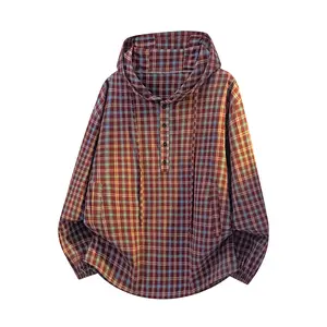 Hooded plaid drawstring shirt, loose vintage color-block long-sleeve casual versatile top, retro men’s plaid hooded shirt, spring new arrival casual men’s half-zip pullover jacket