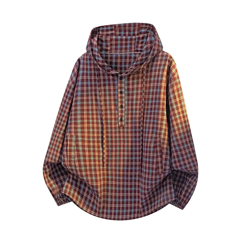 Men's Hooded Plaid Long Sleeve Henley Shirt, Half Button Placket Side Seam Pockets Curved Bottom Hem Relaxed Silhouette Vintage Casual Blouse For Daily Commute Weekend Road Trip Outdoor Street Leisure Activities#SummerWins