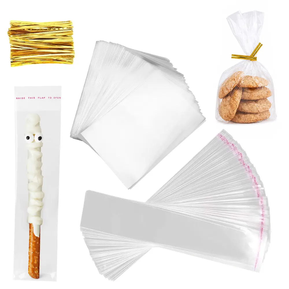 Clear Cellophane Treat Bags Bulk - 400 BOPP Plastic Goodie Bags with 200 Self-Adhesive Pretzel Stick Bags + 200 Rectangular Treat Bags and 500 Gold Twist Ties, Durable Transparent Resealable Party Favor Packaging