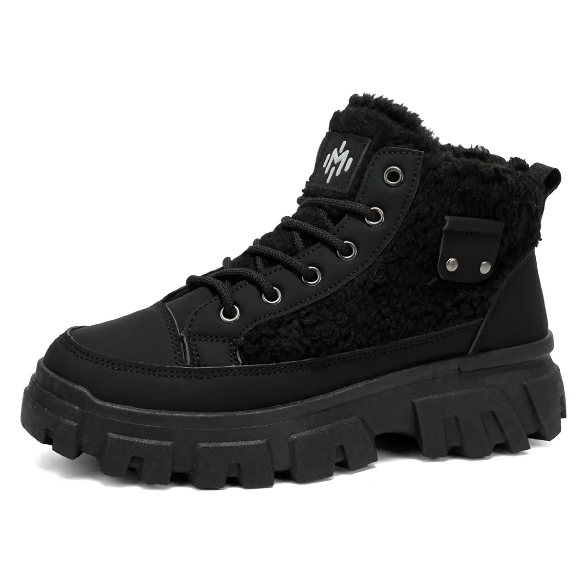 Men's All Black Fleece Lined Winter Work Boots Mixed Suede Plush Mid High Top Chunky Lug Sole Non Slip Warm Cold Weather Walking Sneakers