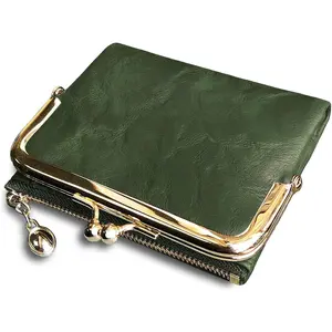 Women's Vintage Leather Wallet with Kiss Lock, Small Compact RFID Blocking Bifold Coin Purse, Ladies Money Organizer with Zipper Pocket for Cash and Cards, Durable Bifold Wallet, Vintage Style Wallet