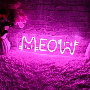 1pc Pink Meow Neon Sign for Wall Decor, LED Neon Light for Bedroom, Zoo Cat Cafe, Cat Store, Bar Decoration(15.7 * 4.7in)