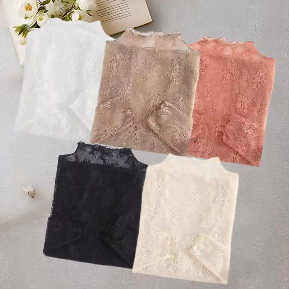 5-Pack Women's Elegant Lace Top, Sheer Mesh Long Sleeve Mock Neck Undershirt for Layering Outfits and Going Out, Long Sleeve Tops, Lace Mesh Feels Light Yet Refined, Chic, 5Colors(Black+White+Coffee+Caramel+Apricot)