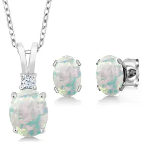 925 Sterling Silver Oval Cabochon White Simulated Opal Pendant and Earrings Jewelry Set For Women (2.36 Cttw, with 18 Inch Silver Chain)