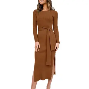 ANRABESS Womens Long Sleeve Sweater Dress Crew Neck Slim Fit Slit Tie Waist 2025 Ribbed Knit Bodycon Midi Dress Fall Outfits
