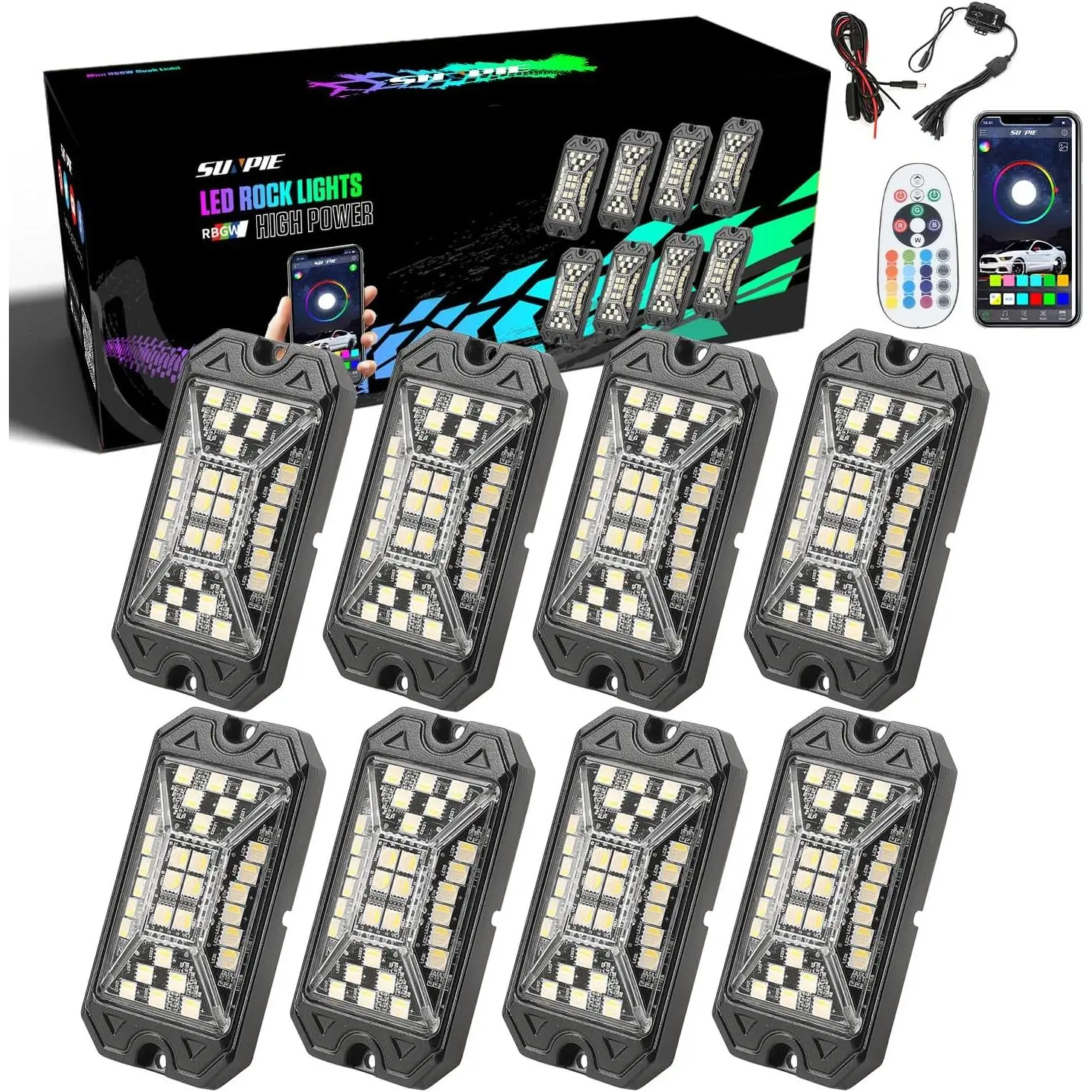 SUNPIE RGBW Wireless Car Rock Lights, 30 High-Power Chips, Full Beam Angle, Aluminum Metal, IP68 Waterproof, Mounting Pads, Remote Control, Music Mode Underglow Lights for Off-Road Truck, Trailer, Rf Remote Control Pad