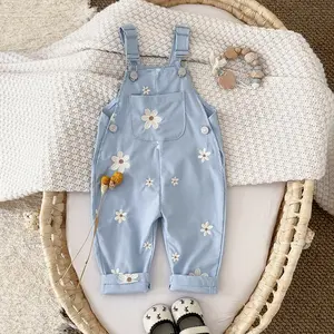 Toddler Kids Baby Boy Girl Overalls Flower Embroidery Blue Casual Loose Straps Trousers Romper Jumpsuit Spring Autumn Bodysuit Baby Girl Clothes Baby Clothing