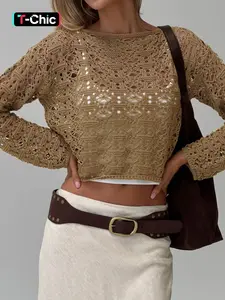 Women's Knitted Round Neck Long Sleeve Fitted Sweater with Hollow Geometric Pattern, Casual Elegant Spring Summer Style, Casual Top, Knitwear Womenswear Knitting