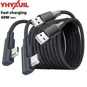 60w Fast Charging Cable, 90° Right Angle USB to Type C Braided Usbc Charger, iPhone 17/16/15, iPad, Huawei, Xiaomi, Redmi, Oppo, Oneplus, Smartphone, Cellphone, Mobile