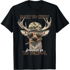 Born To Hunt, Forced To Go To School Deer Graphic Short Sleeve T-Shirt for Boys & Kids, Funny Hunting Outdoor Casual Tee, Soft Cotton Crew Neck Top, Cool Wildlife Deer Design Shirt, Perfect for School, Outdoor Activities & Everyday Casual Wear