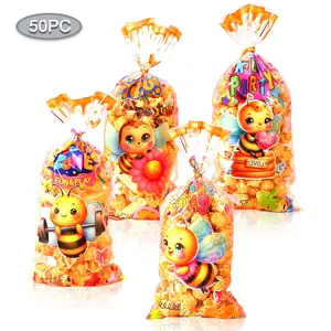 Honey Bee Design Candy Bag with Twist Tie, 50pcs Clear Candy Bag with 50pcs Twist Tie, Party Favors Bag for Birthday Party, Gifts