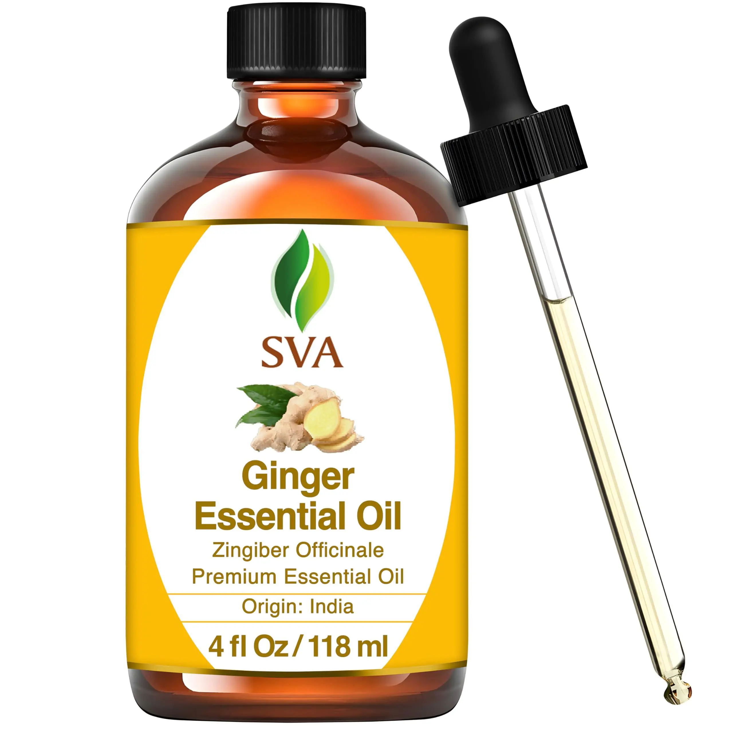 SVA 100% Natural Pure Ginger Essential Oil - 4 Fl Oz Spicy Scented Pure Oil with Dropper, Therapeutic Wellness Self Care Products, Aromatherapy Use, 24-Month Shelf Life