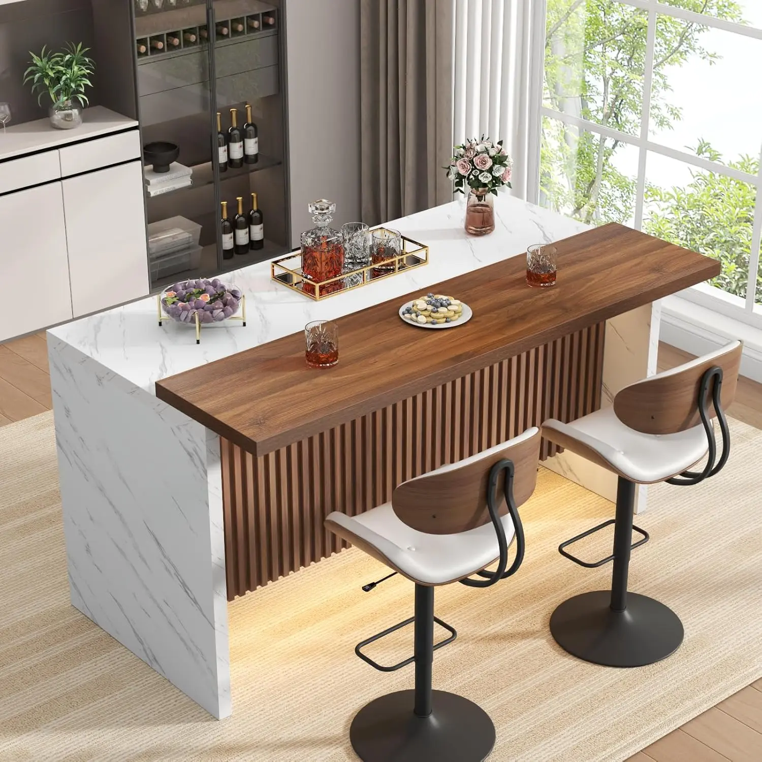 63" Large Imitation Marble Bar Table, Kitchen Island Table with LED Lights | Mordern Marble Stripes Freestanding Mini Bar with Grille design,Home Bar Unit for Home, Living Room, Balcony,Basement (White)