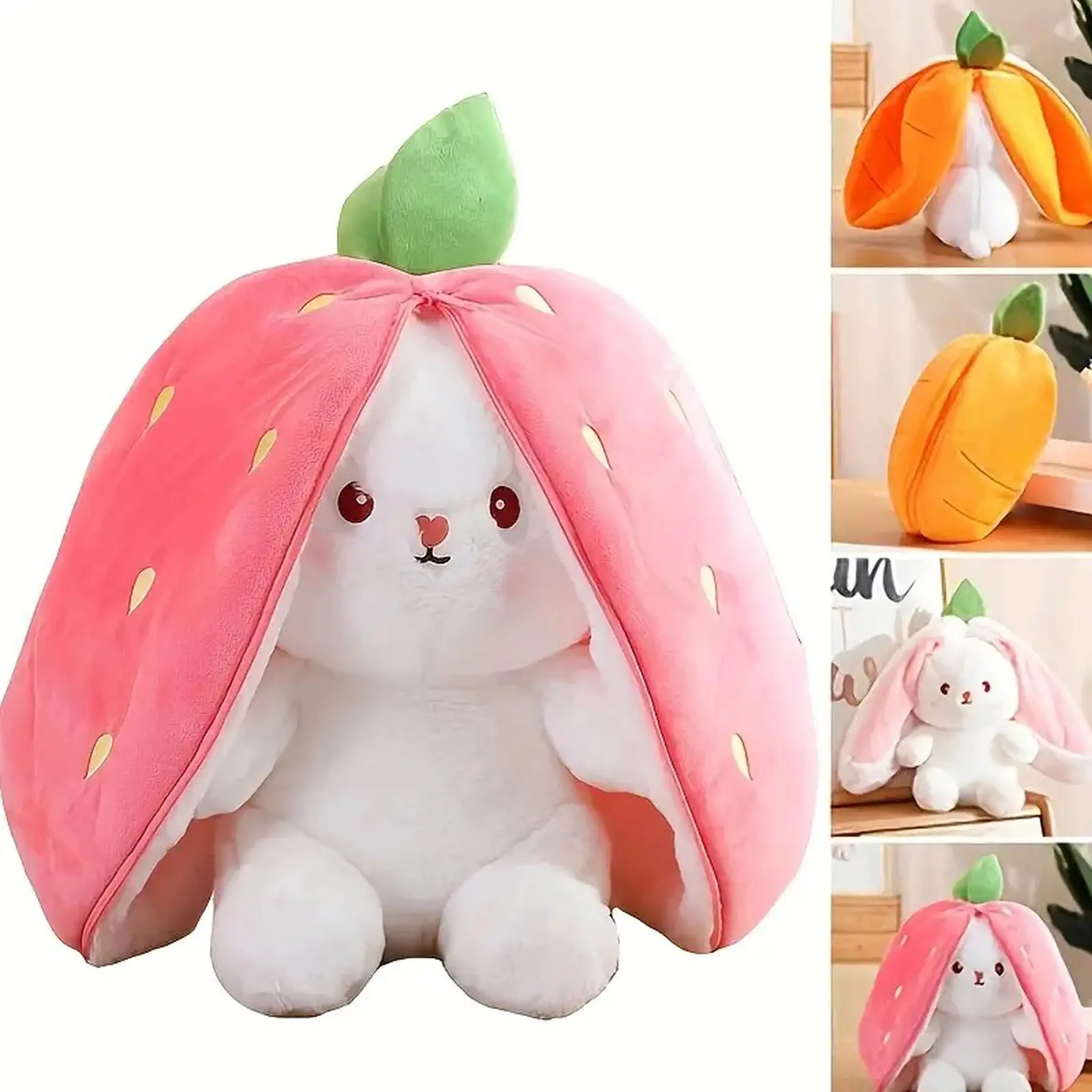 Bunny Plush Toy in Strawberry or Carrot Costume Cute Stuffed Animal for for Girlfriend Cozy Room Decor